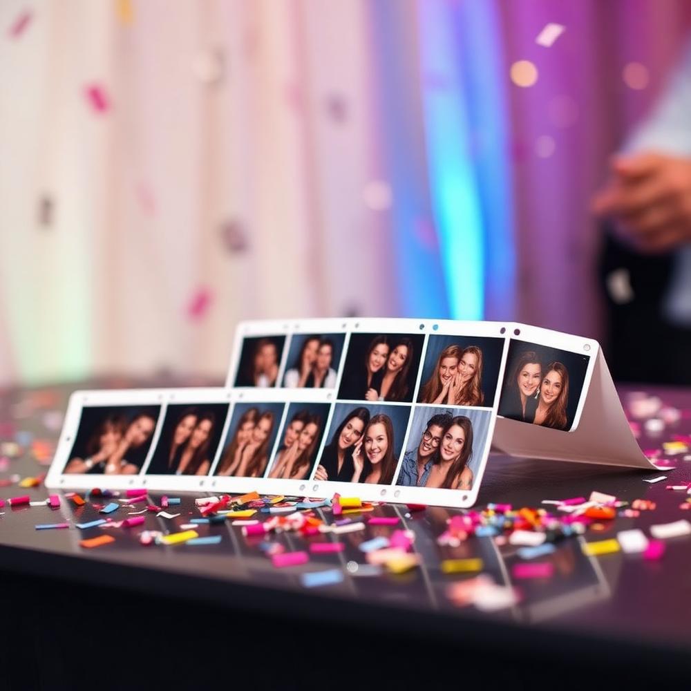 Freshly printed photo booth strips on a table with confetti
