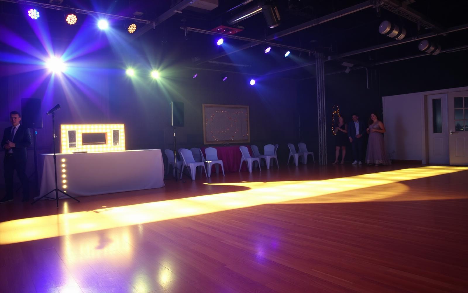 Party dance floor lit with coloured lights beside a photo booth