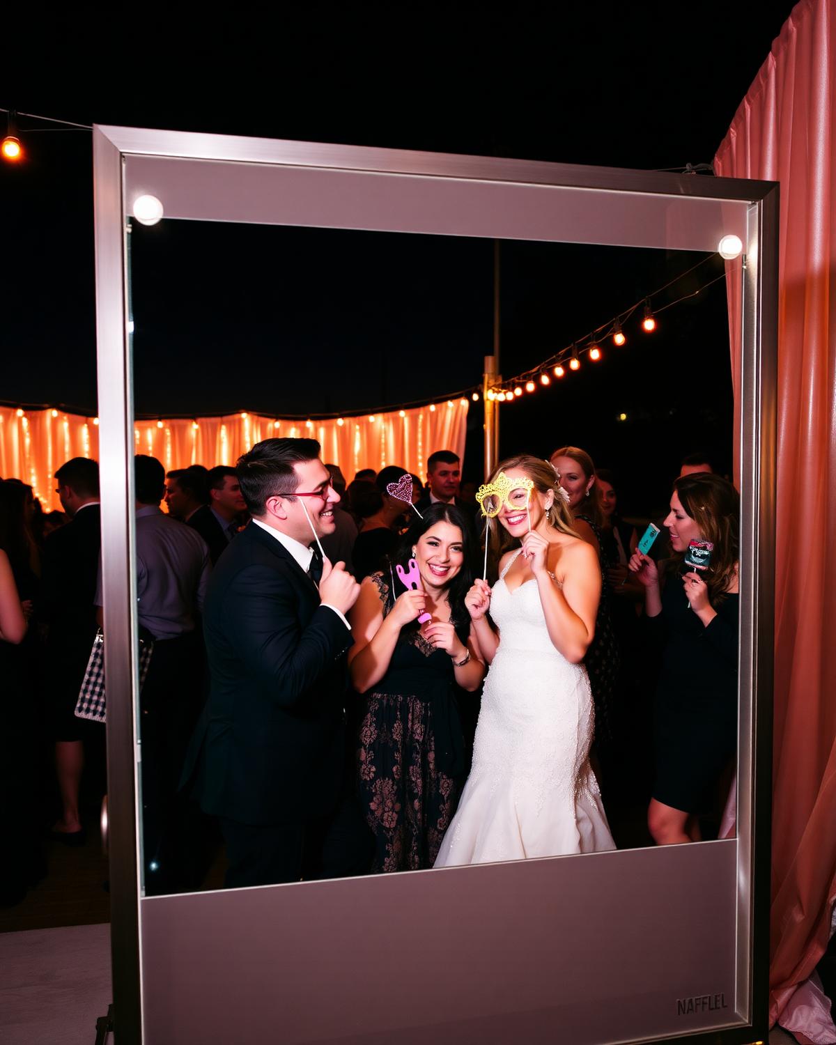 Guests posing with props inside a Flashbox photo booth at a wedding
